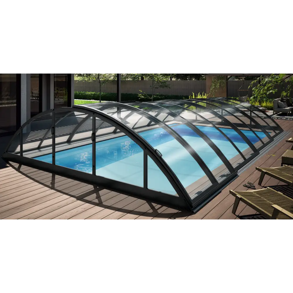 Pooltak Klasik 4×8 med svart ram och genomskinliga glaspartier